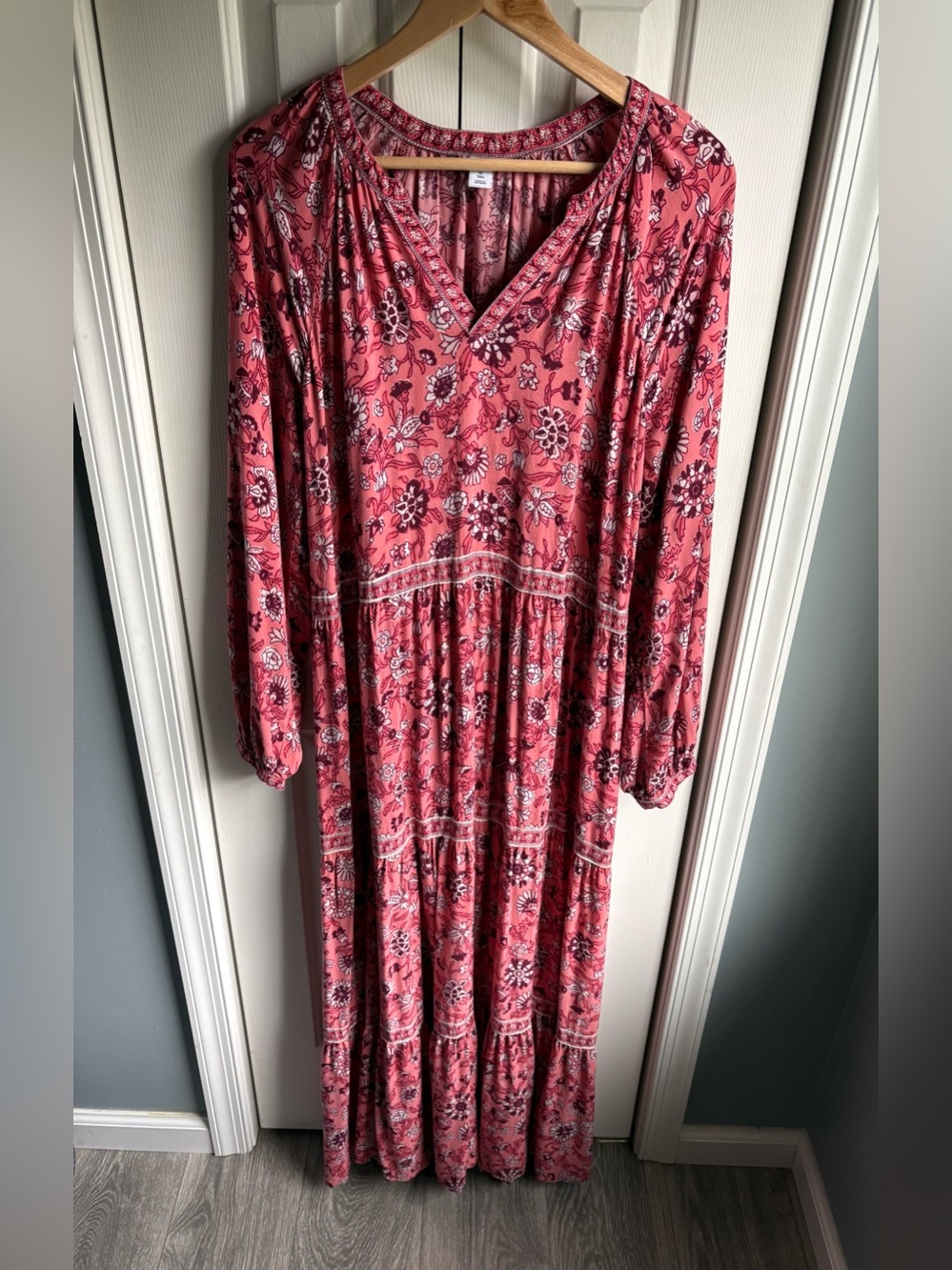 Old Navy Womens Pink Floral Long Sleeve Tiered Midi Dress Boho Size XL Tall